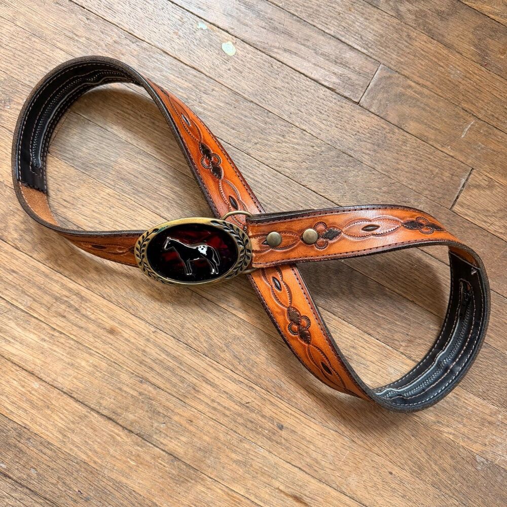Vintage 80s Tooled Leather Belt w/ Brass Belt Buckle